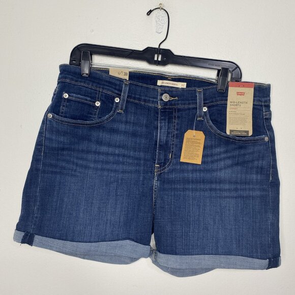 Levi's Jean Shorts Sz14/32 Mid Length Dark Wash New Mid Rise Slim Hips Stretch